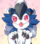  &lt;3 2017 3_fingers ambiguous_gender anthro black_claws black_nose blep blue_body blue_fur blush canid canine chest_tuft claws fiddleafox fingers fluffy_chest fur looking_at_viewer lycanroc mammal midnight_lycanroc moro_(fiddleafox) nintendo pink_background pok&eacute;mon pok&eacute;mon_(species) red_eyes shiny_pok&eacute;mon simple_background smile smiling_at_viewer solo tongue tongue_out tuft video_games white_body white_fur 