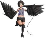  1boy bangs belt black_bra black_feathers black_hair black_wings bra choker clothes_writing commentary english_commentary eyebrows_visible_through_hair fang feathered_wings feathers freckles green_eyes grey_tank_top hair_between_eyes harpy_boy highres holding holding_microphone jae_(kt80at) kt80at male_focus microphone midriff monster_boy navel open_mouth original otoko_no_ko short_hair short_shorts shorts simple_background solo sports_bra standing standing_on_one_leg studded_choker talons tan tank_top torn_clothes torn_shorts underwear white_background winged_arms wings 