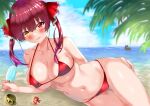  1girl absurdres armpit_crease bangs beach bikini blue_sky blurry blurry_background blurry_foreground blush breasts collarbone commentary_request dripping eyebrows_visible_through_hair eyelashes fang food gradient hand_on_own_ass heterochromia highres holding holding_food hololive houshou_marine large_breasts looking_at_viewer lying melting micro_bikini navel on_side open_mouth popsicle purple_hair red_bikini red_hair shadow shiny shiny_hair shiny_skin sidelocks sky solo swimsuit thighs virtual_youtuber wet zyunsei777 