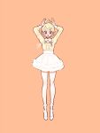  1girl arms_up blonde_hair full_body grey_eyes hair_ornament hairclip highres kisaragi_yuu_(fallen_sky) long_sleeves looking_at_viewer open_mouth orange_background original pantyhose shirt shoes short_hair signature simple_background solo standing white_footwear white_legwear yellow_shirt 
