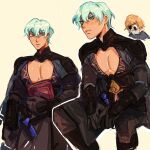  2boys blonde_hair blush book byleth_(fire_emblem) byleth_(fire_emblem)_(male) cleavage_cutout clothing_cutout dimitri_alexandre_blaiddyd eyepatch fire_emblem fire_emblem:_three_houses green_eyes green_hair looking_at_another looking_at_viewer male_cleavage male_focus multiple_boys open_mouth parted_lips pectorals simple_background sitting tan 