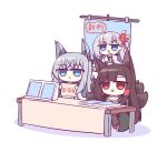  3girls akagi_(azur_lane) animal_ears azur_lane black_kimono blue_eyes book brown_hair brown_tail chibi comiket_98 eyebrows_visible_through_hair flower fox_ears fox_tail grey_hair hair_flower hair_ornament japanese_clothes kashimu kawakaze_(azur_lane) kimono kitsune kyuubi long_hair looking_at_viewer multiple_girls multiple_tails red_eyes red_flower shoukaku_(azur_lane) tail white_background white_hair white_kimono wide_sleeves 