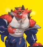  2021 4_fingers absurd_res anthro big_bulge big_muscles black_body black_fur bottomwear bulge claws clothing fingers fur green_eyes grey_body grey_fur hi_res humanoid_hands incineroar jacket male muscular muscular_anthro muscular_male nintendo pants pok&eacute;mon pok&eacute;mon_(species) red_body red_fur red_nose shirt simple_background solo striped_body striped_fur stripes tank_top topwear veiny_muscles video_games vorusuarts white_claws yellow_sclera 