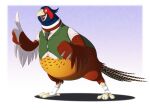 2017 4_toes anisodactyl anthro avian beak belly big_belly bird bird_feet blue_background blue_body blue_feathers border bottomless brown_body brown_feathers claws clothed clothing common_pheasant digital_media_(artwork) eye_markings faisan feather_hands feathered_wings feathers featureless_crotch feet full-length_portrait galliform gradient_background green_clothing green_topwear grey_claws hi_res male markings multicolored_body multicolored_feathers open_beak open_mouth open_smile overweight overweight_anthro overweight_male phasianid phasianus pink_tongue pokelai portrait red_body red_feathers red_markings scutes shadow simple_background smile solo standing tan_body tan_feathers toe_claws toes tongue topwear vest white_body white_border white_feathers wings yellow_eyes 