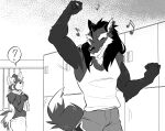  ? ailurid anthro black_hair bottomwear canid canine chirenbo clothing dancing duo earbuds eyes_closed hair headphones invalid_tag joao_(chirenbo) listening_to_music locker_room male mammal maned_wolf mao_(chirenbo) red_panda shirt shorts smile tank_top topwear towel workout_clothing 
