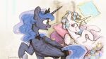  duo equid equine eye_contact female feral friendship_is_magic hair_roller hi_res horn jewellier_(artist) looking_at_another lying magic mammal my_little_pony on_back pillow princess_celestia_(mlp) princess_luna_(mlp) regalia smile winged_unicorn wings 