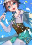  1boy absurdres androgynous argyle argyle_legwear bangs black_hair blue_hair blurry blurry_foreground bow braid cape collared_cape collared_shirt corset emiri_(user_ggkz7554) eyebrows_visible_through_hair feathers frilled_sleeves frills genshin_impact gradient_hair green_eyes green_headwear green_shorts highres holding holding_hair huge_filesize long_sleeves looking_at_viewer male_focus multicolored_hair open_mouth pantyhose petals reaching_out shirt short_hair_with_long_locks shorts simple_background smile solo twin_braids venti_(genshin_impact) white_legwear white_shirt 