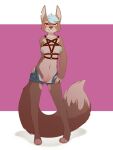  2020 absurd_res anthro barefoot breasts brown_body brown_fur canid canine canis conditional_dnp dipstick_tail domestic_dog elijah-draws feet female fur genitals hi_res looking_at_viewer mammal multicolored_tail navel nipple_piercing nipples notched_ear piercing pussy simple_background solo standing 