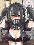  1girl absurdres adjusting_hair alternate_hairstyle arms_up azur_lane bangs black_gloves black_hair black_tank_top blurry blush bottle breasts cleavage commentary_request covered_mouth cross cross_earrings depth_of_field earrings embarrassed eyebrows_visible_through_hair eyes_visible_through_hair fingerless_gloves gloves highres jewelry large_breasts leogust long_hair looking_at_viewer red_eyes scarf sidelocks signature solo spoken_blush sweat tank_top twintails u-47_(azur_lane) 