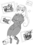  1boy 1girl biker_clothes bikesuit blush bodysuit breasts full_body gloves greyscale ground_vehicle hayabusa_nobuwo highres knee_pads kukkoro_rider large_breasts looking_to_the_side ministry_of_land_infrastructure_and_transportation monochrome motor_vehicle motorcycle picture_(object) shoulder_pads side_ponytail simple_background skin_tight solo_focus white_background 