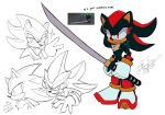  2020 angry anthro biped blue_body blue_fur clenched_teeth clothing digital_media_(artwork) english_text eulipotyphlan footwear frown fur gesture gloves handwear hedgehog hi_res holding_object holding_sword holding_weapon humor looking_at_viewer male mammal melee_weapon open_mouth ph0slux plantigrade red_body red_clothing red_eyes red_footwear red_fur red_shoes shadow_the_hedgehog shadow_the_hedgehog_(video_game) shoes simple_background smile solo sonic_the_hedgehog_(series) spanish_text sparkles standing sword teeth text v_sign weapon white_background white_clothing white_gloves 