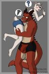  anthro blush bulge butt carrying clothing dragon duo flicklock fur hi_res holding_butt horn male male/male mammal scalie small_tail smug underwear ursid 