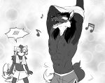  abs ailurid anthro black_hair blush canid canine chirenbo clothing dancing duo ear_piercing earbuds fangs hair headphones invalid_tag joao_(chirenbo) male mammal maned_wolf mao_(chirenbo) muscular muscular_male pecs piercing red_panda towel unaware undressing 