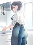  1girl apron ass back black_apron black_hair blue_pants blush chopping collared_shirt commentary cowboy_shot day denim from_behind hair_ornament hairclip highres holding holding_knife indoors jeans kiryuin_aoi kitchen kitchen_knife knife ladle looking_at_viewer looking_back nekoume open_mouth pants purple_eyes shirt shirt_tucked_in short_hair short_ponytail sleeves_rolled_up smile solo spatula sunlight umamusume white_shirt window 