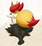  ambiguous_gender anthro black_body black_fur braixen canid canine digital_media_(artwork) fur hi_res inkune inner_ear_fluff looking_at_viewer looking_back lying mammal nintendo on_back paws pok&eacute;mon pok&eacute;mon_(species) simple_background solo tuft video_games white_background yellow_body yellow_fur 