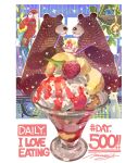  bear bird blush cream cup dessert eating english_text food food_focus fruit glass highres ice_cream lizard momiji_mao mouse no_humans original parrot raspberry signature sparkle 