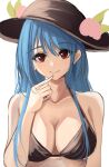  1girl bangs bare_shoulders bikini black_bikini black_headwear blue_hair breasts cleavage closed_mouth collarbone eyebrows_visible_through_hair finger_to_mouth food fruit hair_between_eyes hand_up hat hinanawi_tenshi kure:kuroha large_breasts long_hair looking_at_viewer peach red_eyes sidelocks simple_background sketch smile solo swimsuit touhou upper_body white_background 