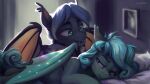  absurd_res bat_pony bed bedroom dialogue duo equid fangs female feral furniture hasbro hi_res jewellier_(artist) looking_at_another lying male mammal married_couple my_little_pony on_front picture_frame pillow 