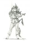  anthro asian_mythology automatic_weapon autumn_blaze_(mlp) baron_engel belt chinese_mythology clothing collar east_asian_mythology eyewear female friendship_is_magic goggles graphite_(artwork) gun hasbro hi_res kirin looking_at_viewer melee_weapon my_little_pony mythology pencil_(artwork) ranged_weapon smiling_at_viewer smoke soldier solo story story_in_description submachine_gun sword traditional_media_(artwork) unguligrade_anthro uniform warrior weapon 