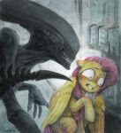  alien alien_(franchise) ambiguous_gender clenched_teeth constricted_pupils cutie_mark duo equid equine feral fluttershy_(mlp) friendship_is_magic hasbro hi_res jewellier_(artist) looking_away male mammal my_little_pony pegasus peril pupils raised_wings scared small_pupils teeth wall_(structure) wings xenomorph 