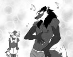  ailurid anthro black_hair bottomwear canid canine chirenbo clothing dancing duo ear_piercing earbuds eyes_closed grin hair headphones humor joao_(chirenbo) listening_to_music looking_at_another male mammal maned_wolf mao_(chirenbo) muscular muscular_male piercing red_panda shorts smile towel unaware 