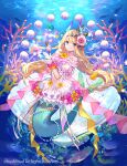  1girl air_bubble blonde_hair blue_eyes bottle bubble bushiroad character_request clothing_cutout coral cross-laced_clothes dress fish flower frilled_skirt frills fuzichoco gloves hair_flower hair_ornament lace-trimmed_skirt lace_trim long_hair looking_at_viewer mermaid monster_girl navel pearl_(gemstone) perfume_bottle pink_sash puffy_short_sleeves puffy_sleeves sash scrunchie short_sleeves skirt smile solo stomach_cutout underwater very_long_hair white_dress white_gloves wrist_scrunchie 