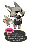  animal_crossing anthro black_nose canid canine canis clothed clothing coyote crossed_arms dialogue english_text female fully_clothed fur grey_body grey_fur mammal nintendo sage_(sugarsnap) simple_background solo speech_bubble sugarsnap tailwag text video_games white_background 