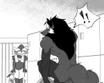  ! ailurid anthro black_hair blush butt canid canine chirenbo clothing duo hair humor joao_(chirenbo) locker_room looking_at_another male mammal maned_wolf mao_(chirenbo) muscular muscular_male nude red_panda smile towel undressing 