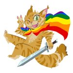  2020 anthro cercat domestic_cat felid feline felis fur gesture green_eyes hi_res holding_object holding_sword holding_weapon lgbt_pride looking_at_viewer mammal melee_weapon mostly_nude one_eye_closed open_mouth open_smile pride_colors signature simple_background smile solo sword v_sign weapon whiskers white_background wink 