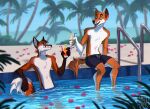  anthro beverage canid canine canis dingo duo fox male mammal palm_tree plant smokeplanet swimming_pool tree 
