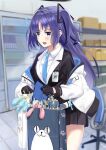  1girl bag black_gloves blue_archive blurry blurry_background box commentary_request figure gloves gundam hair_ornament id_card jacket kongonarika_(harunari128) long_hair looking_at_viewer necktie paper_bag purple_eyes purple_hair solo yuuka_(blue_archive) 