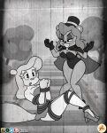  animaniacs anthro bdsm bondage bound breasts cape cleavage clothed clothing duo female furboz hat headgear headwear high_heels julie_bruin looking_at_viewer mammal minerva_mink mink monochrome mustelid musteline peril rope rope_bondage tiny_toon_adventures top_hat train_tracks true_musteline ursid warner_brothers 