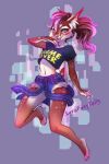  abstract_background anthro blue_eyes bottomwear brown_body brown_fur clothing fangs felid feline female fur hair highlights_(coloring) inner_ear_fluff looking_at_viewer lynx mammal midriff_baring_shirt navel pink_hair shirt shorts solo sorafoxyteils spots t-shirt text text_on_clothing text_on_shirt text_on_topwear tied_shirt topwear tuft 