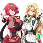  2girls absurdres armor asymmetrical_docking bangs black_gloves black_legwear blonde_hair breast_press breasts chest_jewel dress earrings fingerless_gloves gloves highres huge_breasts jewelry light_xion long_hair multiple_girls mythra_(massive_melee)_(xenoblade) mythra_(xenoblade) one_eye_closed pout pyra_(xenoblade) red_eyes red_hair red_shorts short_hair short_shorts shorts shoulder_armor smash_invitation smile super_smash_bros. swept_bangs tiara white_dress xenoblade_chronicles_(series) xenoblade_chronicles_2 yellow_eyes 