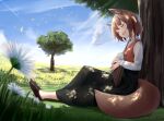  1girl :d absurdres akinakesu-chan animal_ear_fluff animal_ears black_pants blue_sky blurry blurry_foreground blush brown_footwear brown_hair closed_eyes cloud commentary_request copyright_request day depth_of_field flower full_body highres instrument instrument_request long_sleeves music on_grass open_mouth outdoors pants petals playing_instrument red_vest shirt shoes sitting sky smile solo tail tree vest white_flower white_shirt 