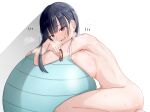  1girl absurdres ass ball black_hair blush boku_no_kokoro_no_yabai_yatsu breast_press breasts brown_eyes dripping exercise_ball highres large_breasts long_hair looking_at_viewer nude pressing rubber_band shiny shiny_skin short_hair simple_background solo steam sweat white_background yamada_anna 