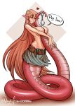  &lt;3 accessory apode belt big_breasts blush breasts clothed clothing dialogue draconcopode english_text female hair hair_accessory handcuffs hi_res humanoid_pointy_ears lamia legless long_hair miia_(monster_musume) monster_girl_(genre) monster_musume naughty_azima nipples one_eye_closed pink_hair reptile scales scalie serpentine shackles snake solo speech_bubble split_form text topless 