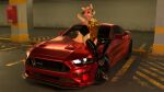  1:1 3d_(artwork) anthro canid canine canis car claws clothed clothing collar digital_media_(artwork) female ford ford_mustang fox fur hair hi_res impreza legwear looking_at_viewer mammal open_mouth outside parking pink_hair simple_background solo stockings swimwear tan_body tan_fur text tridognait vehicle wristlet 