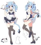  1girl :d :o animal animal_ear_fluff animal_ear_legwear animal_ears apron ass_cutout bangs bare_shoulders black_dress black_footwear blue_hair blush brown_legwear cat cat_ear_legwear cat_ears cat_girl cat_tail clothing_cutout cup detached_sleeves dress eyebrows_visible_through_hair hair_between_eyes heart_cutout holding holding_tray maid maid_headdress mauve multiple_views open_mouth original panties puffy_short_sleeves puffy_sleeves purple_eyes shoe_soles shoes short_sleeves sleeveless sleeveless_dress smile standing standing_on_one_leg tail teacup teapot thighhighs tray twintails underwear waist_apron white_apron white_cat white_panties white_sleeves wrist_cuffs 