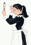  1girl adjusting_hair apron arms_up black_hair cigarette from_side hand_mirror holding looking_at_mirror maid maid_apron mirror original ponytail profile solo wymaaa 