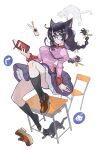  1girl alpaca_carlesi animal_ears antenna_hair bakemonogatari bench black_hair braid breasts cat cat_ears glasses hair_between_eyes hair_ornament hanekawa_tsubasa highres long_braid long_hair monogatari_(series) naoetsu_high_school_uniform pantyhose purple_eyes school_uniform shoes single_shoe skirt thighhighs thighs 