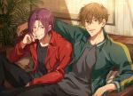  2boys arm_around_shoulder between_legs black_pants black_shirt brown_hair collarbone collared_jacket couch free! green_jacket grin hair_between_eyes hand_between_legs hand_on_own_cheek hand_on_own_face head_rest indoors jacket kirishima_natsuya knee_up looking_at_viewer male_focus matsuoka_rin multiple_boys on_couch open_mouth painting_(object) palm_tree pants picture_frame plant potted_plant red_eyes red_hair red_jacket sharp_teeth shirt side-by-side sitting smile striped_pillow teeth track_jacket tree wooden_wall zattape 