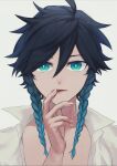  1boy androgynous bangs black_hair blue_hair braid collared_shirt eyebrows_visible_through_hair eyes_visible_through_hair finger_licking genshin_impact genshin_krois gradient_hair green_eyes hair_between_eyes highres licking looking_at_viewer male_focus multicolored_hair open_clothes open_mouth open_shirt shirt short_hair_with_long_locks simple_background solo tongue tongue_out twin_braids venti_(genshin_impact) white_background white_shirt 