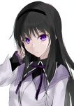  1girl absurdres akemi_homura black_hair commentary_request hairband highres long_hair long_sleeves magia_record:_mahou_shoujo_madoka_magica_gaiden magical_girl mahou_shoujo_madoka_magica meen_(ouaughikepdvrsf) purple_eyes simple_background solo white_background 