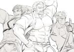  &gt;_&lt; 3boys :d abs bara bare_pecs beard blush bulge chest_hair facial_hair forked_eyebrows happi harada_(basashi) hogen_(tokyo_houkago_summoners) japanese_clothes large_pectorals long_sideburns male_cleavage male_focus mature_male midriff multiple_boys muscular muscular_male mustache navel nipples old old_man open_clothes open_mouth open_shirt partially_unbuttoned pose salute scar scar_on_cheek scar_on_face short_hair sideburns sketch smile stomach tajikarao_(tokyo_houkago_summoners) toji_(tokyo_houkago_summoners) tokyo_houkago_summoners 