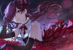  1girl bangs blue_eyes bow bowtie brooch dress earrings elbow_gloves eyebrows_visible_through_hair floating_hair gloves hair_bow ichinose_shiki idolmaster idolmaster_cinderella_girls jewelry long_hair looking_at_viewer march_ab parted_lips petals red_bow red_dress red_hair sleeveless sleeveless_dress smile solo 