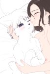  2girls animal_ears black_hair blue_eyes closed_eyes cuddling furry gosannana multiple_girls nude one_eye_closed original short_hair white_hair yuri 