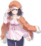  1girl bakemonogatari bangs blouse blue_panties blunt_bangs brown_hair cabbie_hat casual commentary_request cowboy_shot denim hat highres jacket jacket_on_shoulders jeans looking_at_viewer medium_hair monogatari_(series) orange_jacket panties pants pink_blouse rauto sengoku_nadeko short_hair simple_background solo underwear white_background 