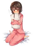  1girl absurdres annoyed barefoot bed_sheet blush brown_hair commentary embarrassed face_in_pillow furrowed_eyebrows highres kono_subarashii_sekai_ni_shukufuku_wo! megumin nose_blush on_bed pajamas pillow pillow_hug pink_pajamas red_eyes short_hair short_hair_with_long_locks simple_background sitting solo translated wariza white_background yuno_(suke_yuno) 