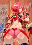  1boy 1girl ass bangs black_gloves breasts earrings fingerless_gloves gloves highres jewelry k-you_(pixiv) large_breasts looking_back partially_visible_vulva pyra_(xenoblade) red_eyes red_legwear red_shorts rex_(xenoblade) short_hair short_shorts shorts spanked swept_bangs thighhighs tiara xenoblade_chronicles_(series) xenoblade_chronicles_2 